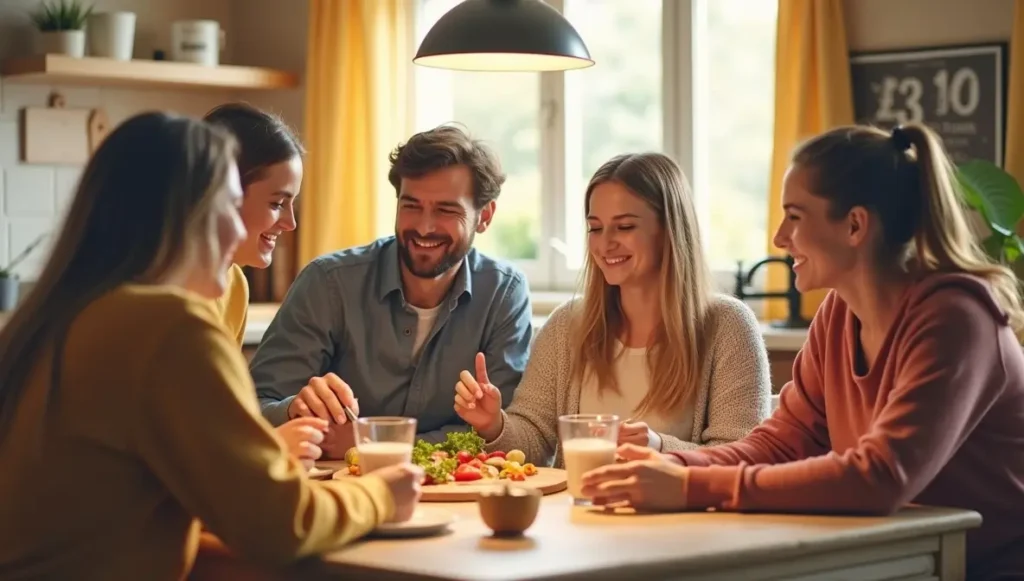 Residents enjoying a communal meal in a co-living spaces
