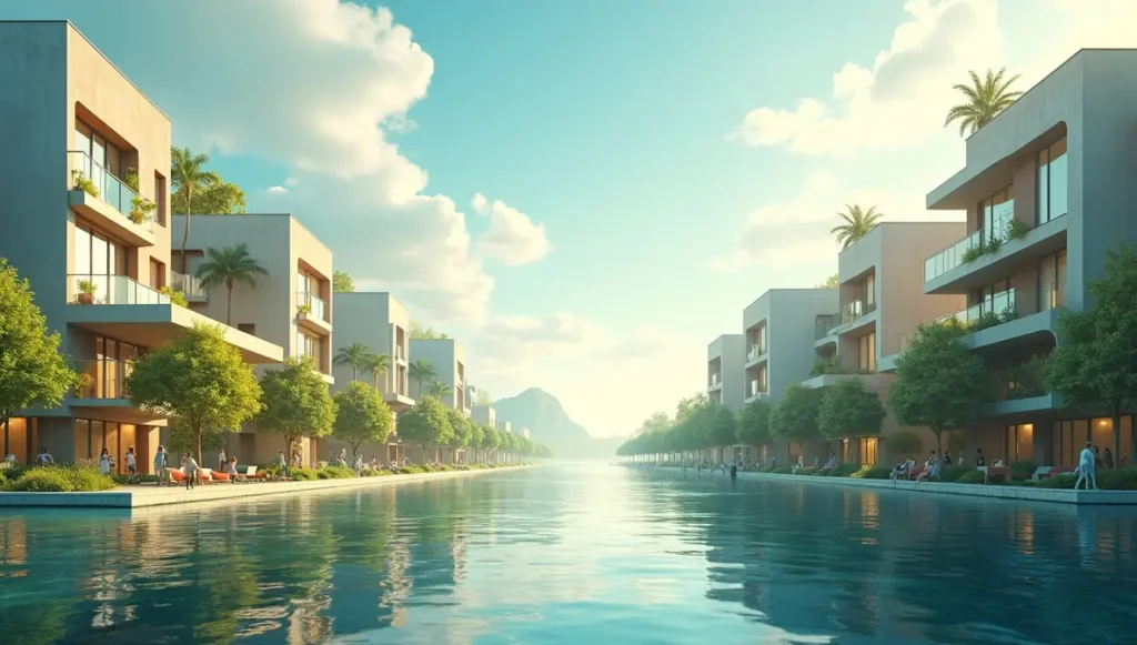Futuristic co-living scene symbolizing community and sustainability