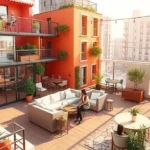Modern co-living community with shared spaces and private rooms