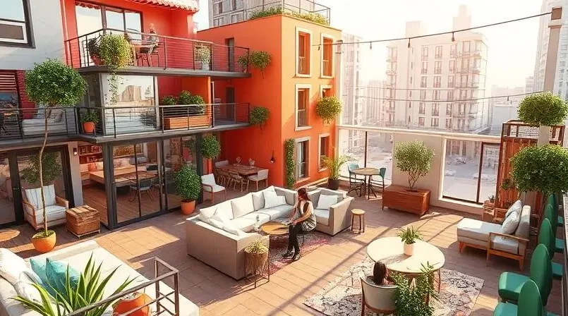 Modern co-living community with shared spaces and private rooms