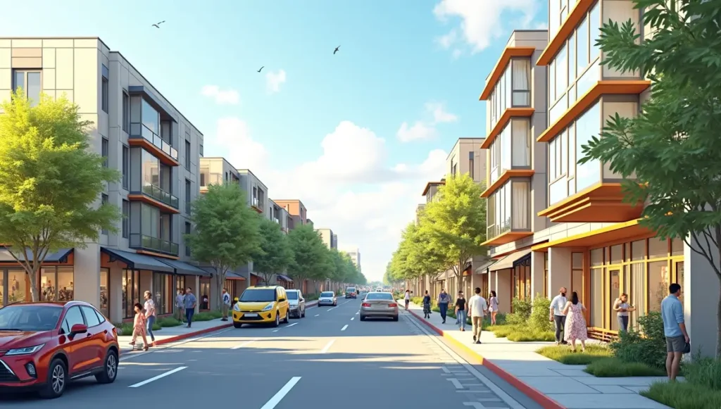 Lively urban neighborhood with modern buildings and local businesses